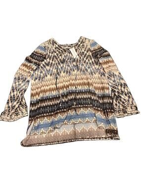 Notations Women’s XL Boho Peasant Blouse Blue Brown Tie Neck 3/4 Sleeve NWT